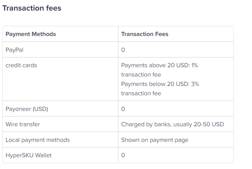 Transection Fee Table